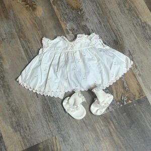 Tiny Tots Original Infant White Embroidered Pink Flowers Dress and Booties